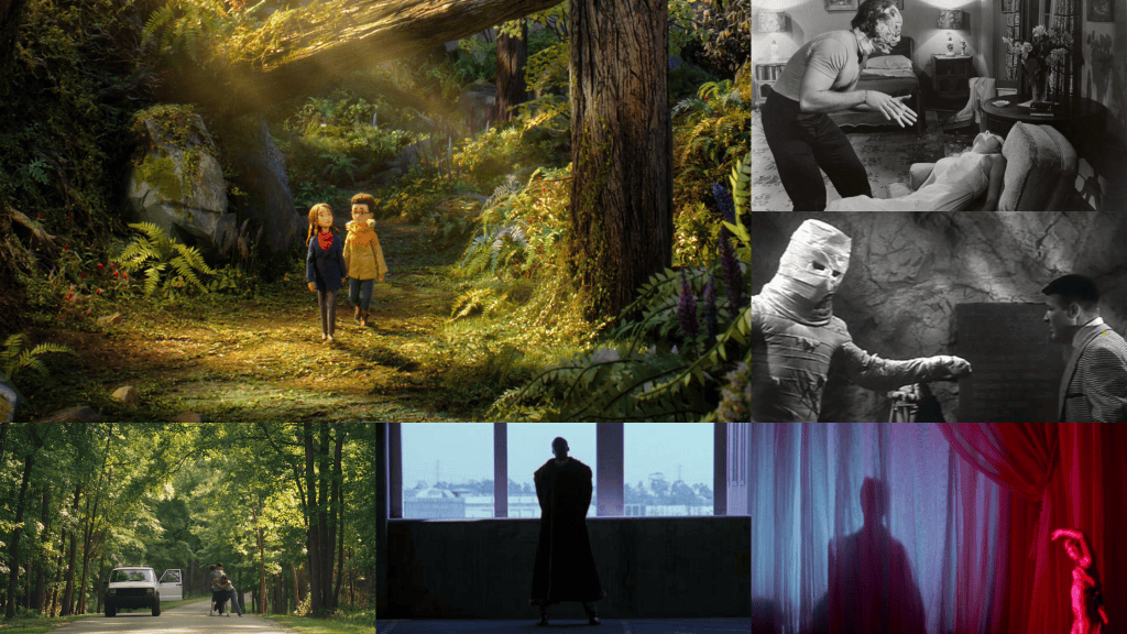 A collage of 6 movies, Wildwood, I was a Teenage Frankenstein, Frankenstein 1970, It Ends, Candyman (1992), and Suspiria (1977)